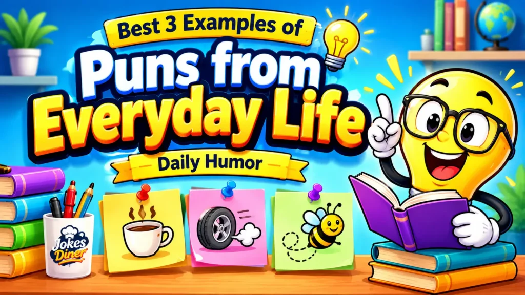 3 examples of puns from everyday life with a colorful lightbulb mascot and bold 3D typography