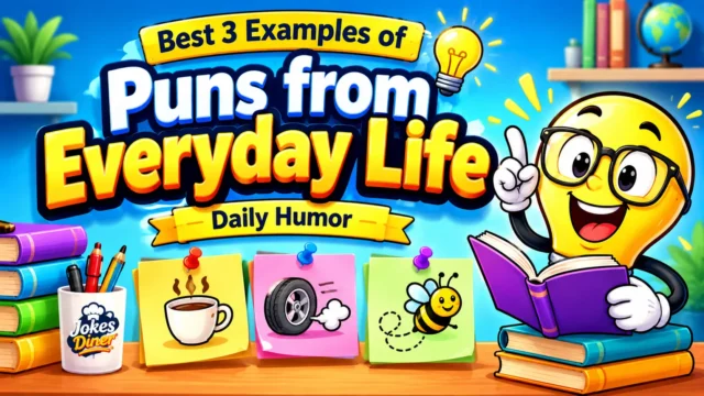 3 examples of puns from everyday life with a colorful lightbulb mascot and bold 3D typography