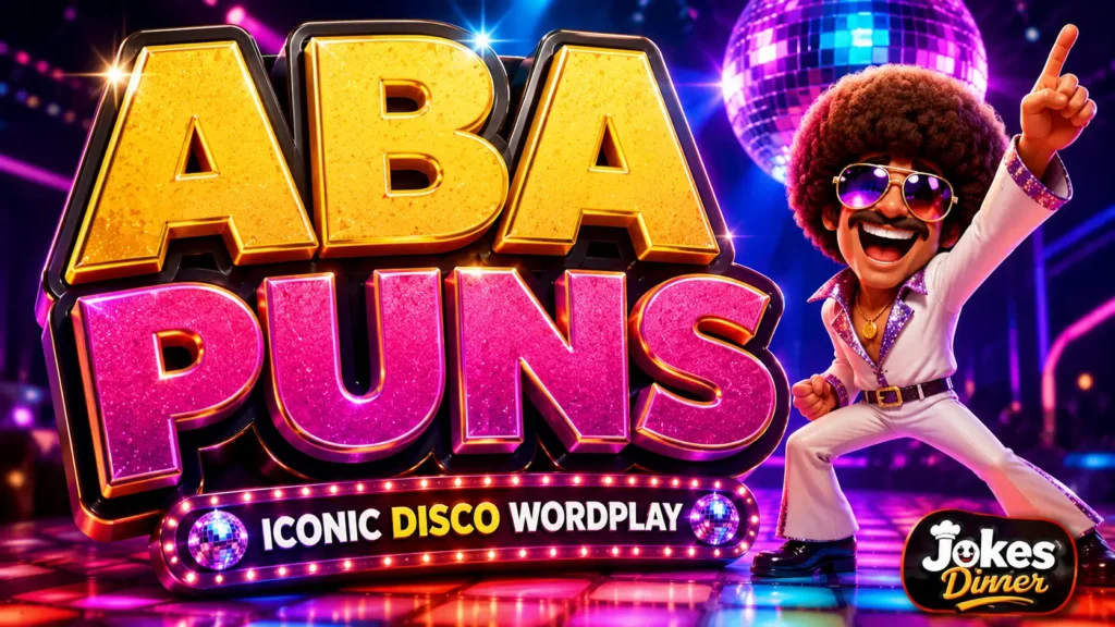 A vibrant featured image for Jokes Diner featuring large 3D text "aba puns" and a smiling disco star mascot.