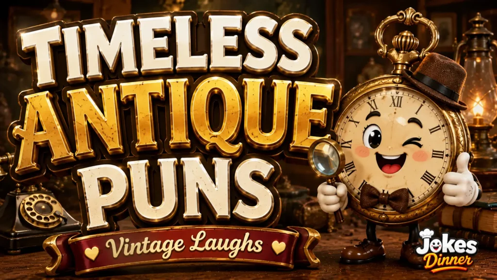 A vibrant featured image for Jokes Dinner featuring large 3D text "ANTIQUE PUNS" and a smiling pocket watch mascot.