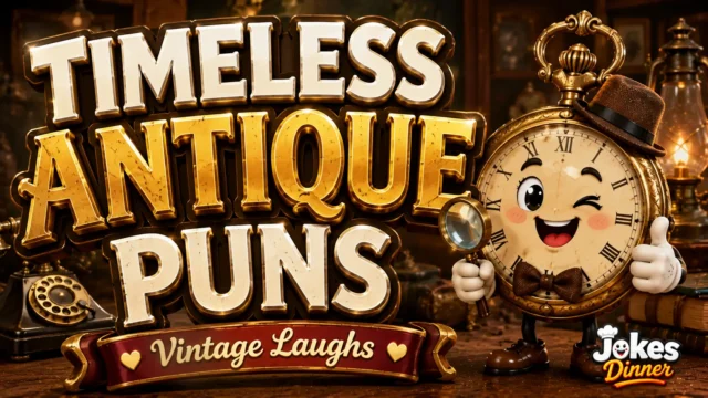 A vibrant featured image for Jokes Dinner featuring large 3D text "ANTIQUE PUNS" and a smiling pocket watch mascot.