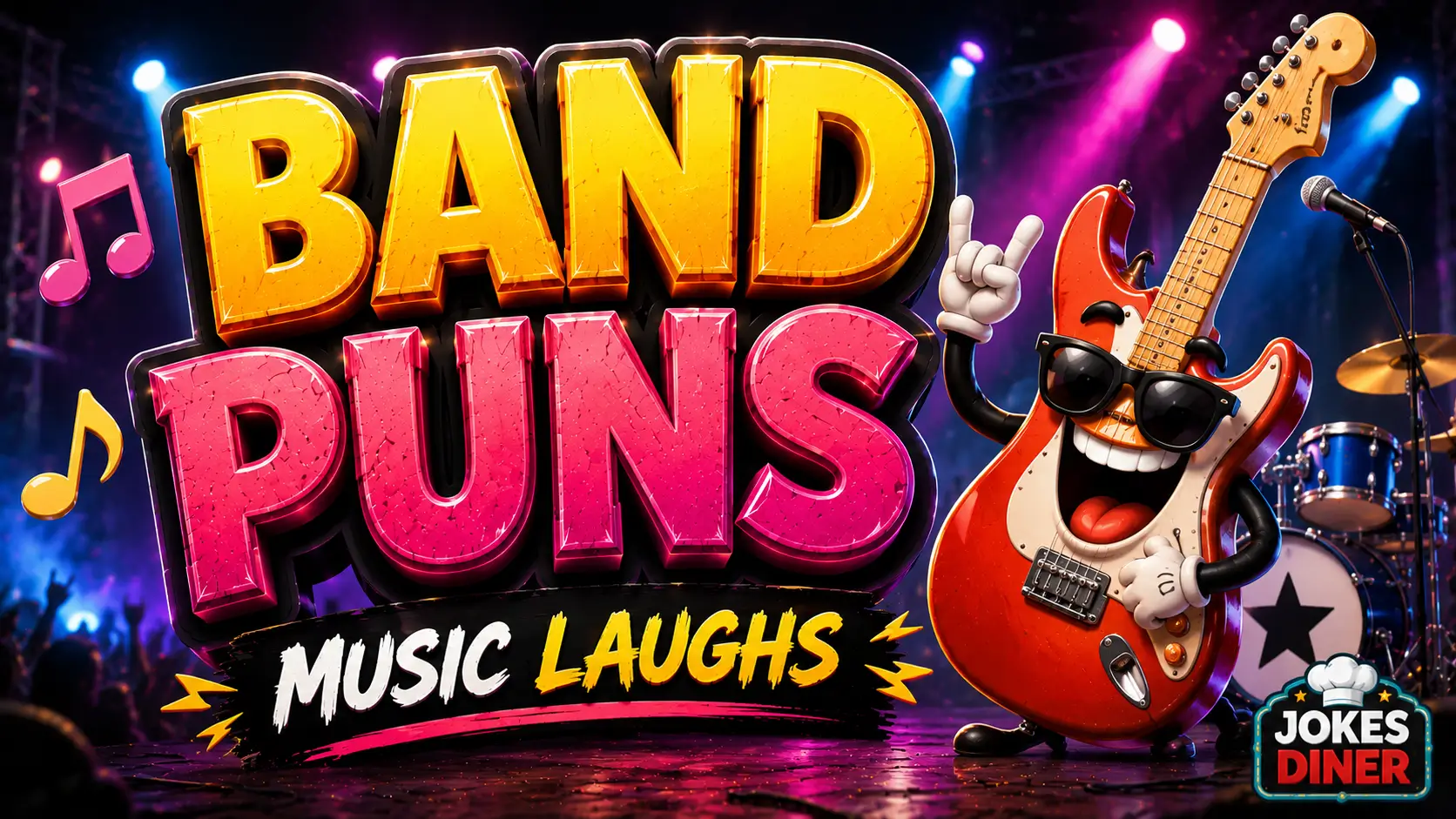 A vibrant featured image for Jokes Diner featuring large 3D text for band puns and a smiling cartoon electric guitar mascot.