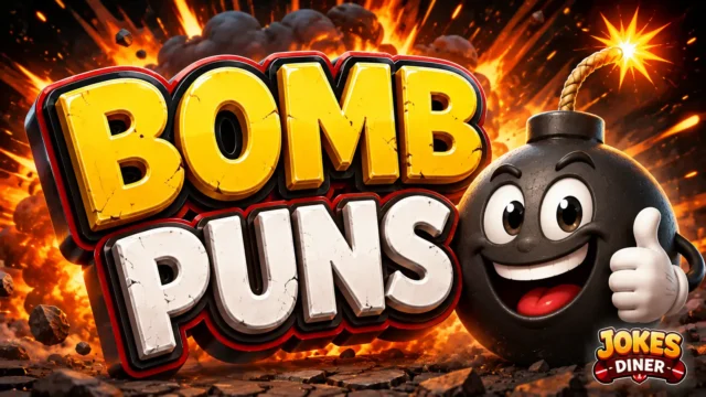 Bomb Puns thumbnail with a cheerful cartoon bomb and explosive comic-style background