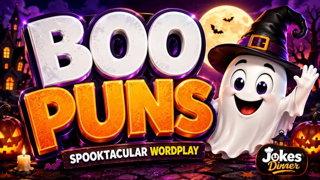A vibrant featured image for Jokes Diner featuring large 3D text "boo puns" and a smiling ghost mascot.