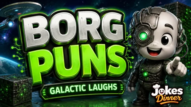 A vibrant featured image for Jokes Diner featuring large 3D text "Borg puns" and a smiling cyborg mascot.