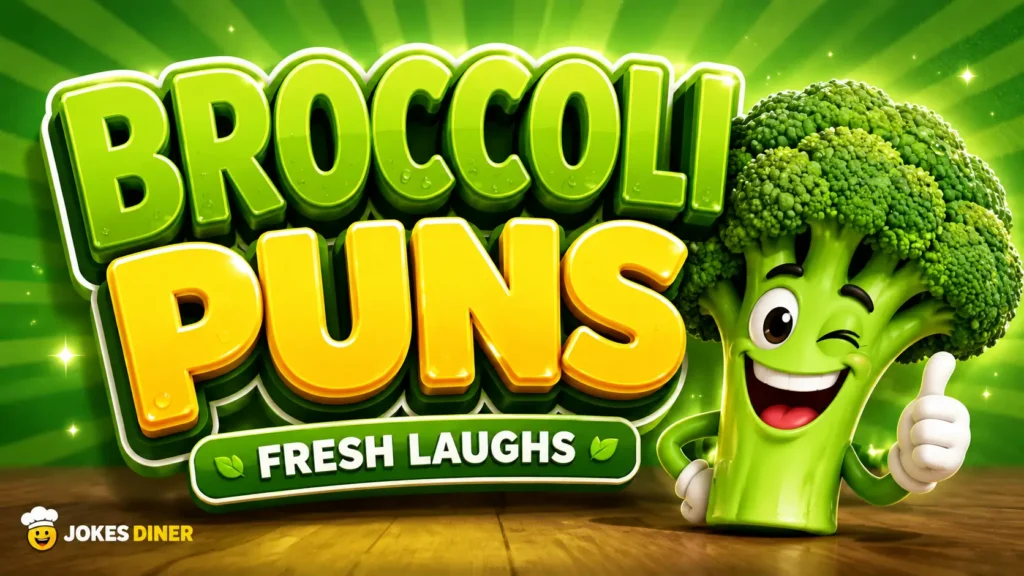 Colorful 3D featured image for broccoli puns with bold typography and a cheerful broccoli mascot.
