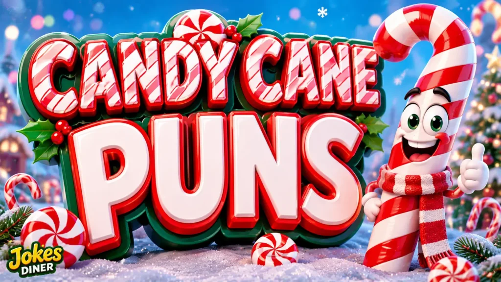 Festive winter thumbnail with a candy cane mascot and bold Candy Cane Puns 3D typography.