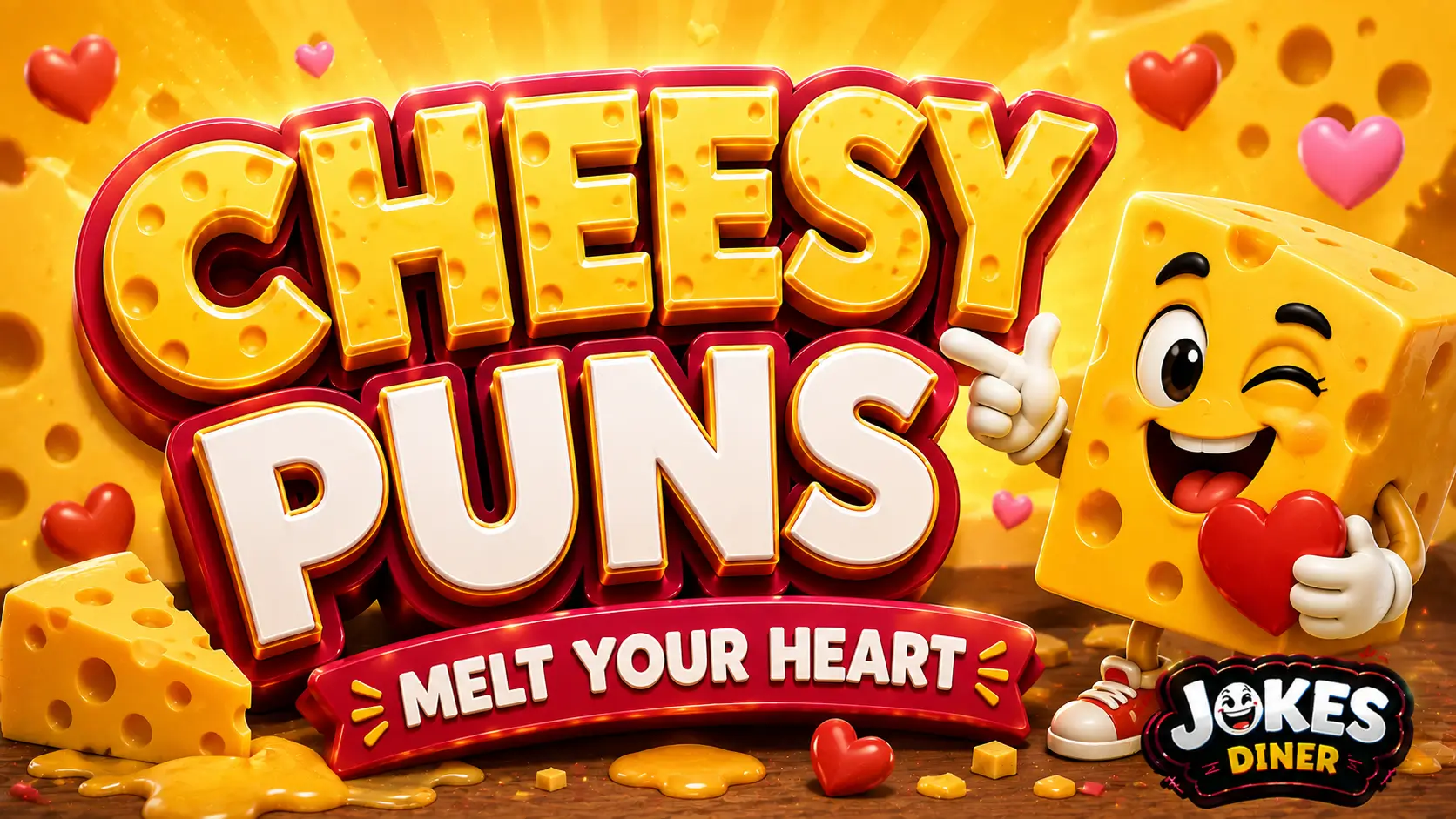 A vibrant featured image for Jokes Diner featuring large 3D text "cheesy puns" and a smiling melting cheese mascot.
