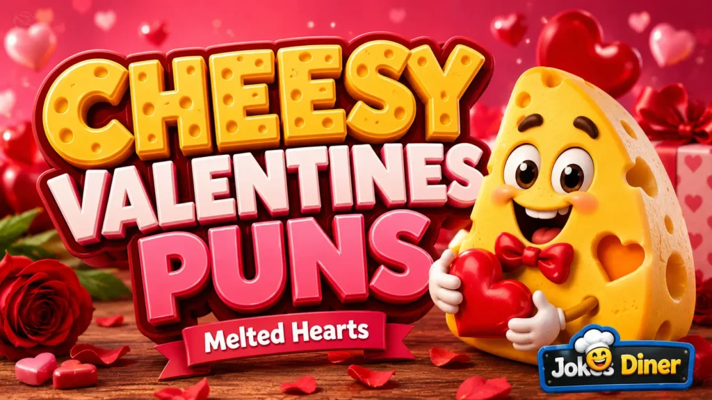 Cute cheese mascot with bold cheesy valentines puns typography and romantic hearts