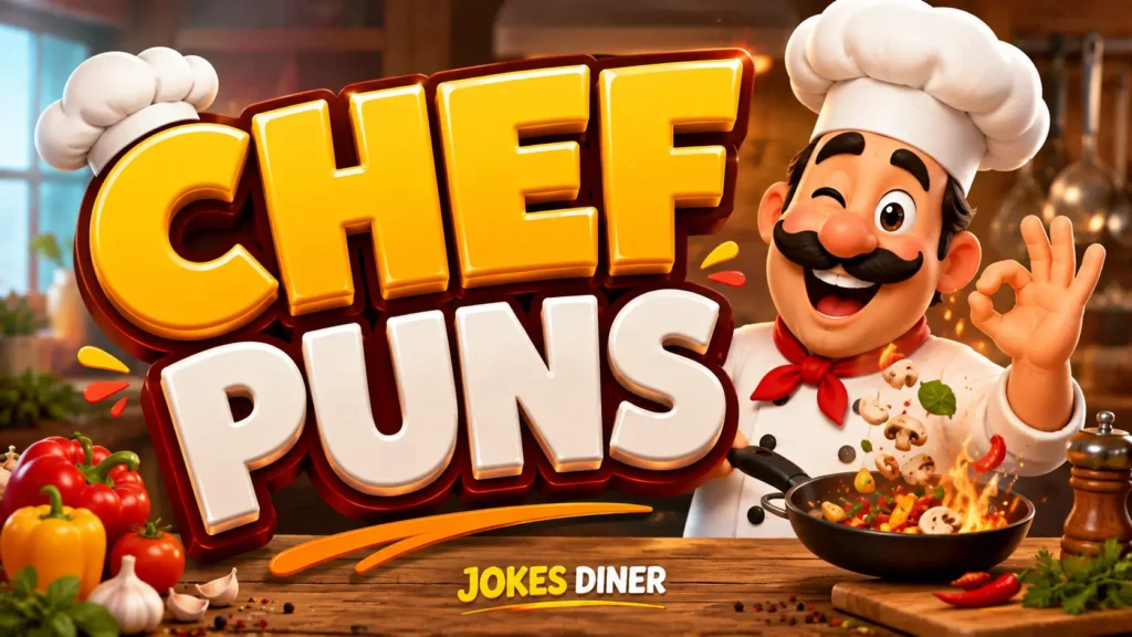 Colorful chef mascot beside bold Chef Puns 3D typography in a lively kitchen scene.
