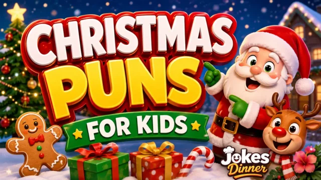 A vibrant featured image for Jokes Diner featuring large 3D text "CHRISTMAS PUNS FOR KIDS" and a smiling reindeer mascot.