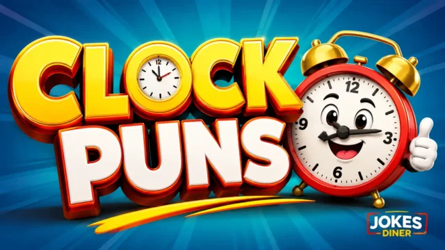Colorful 3D Clock Puns text with a cheerful red alarm clock mascot