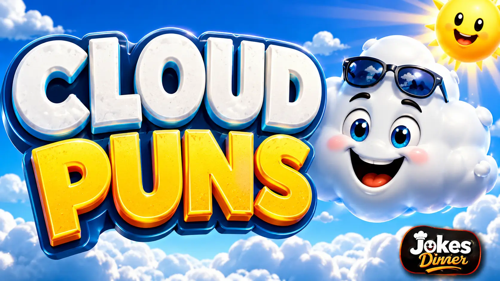 A vibrant featured image for Jokes Diner featuring large 3D text "cloud puns" and a smiling cloud mascot.