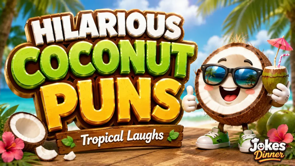 A vibrant featured image for Jokes Dinner featuring large 3D text "COCONUT PUNS" and a smiling coconut mascot.