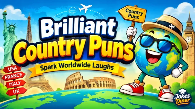 Colorful globe mascot with bold Country Puns title and worldwide travel landmarks