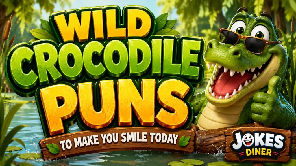 A vibrant featured image for Jokes Diner featuring large 3D text "crocodile puns" and a smiling crocodile mascot.