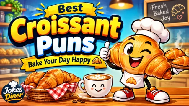 Colorful chef croissant mascot with bold Croissant Puns typography in a bakery café