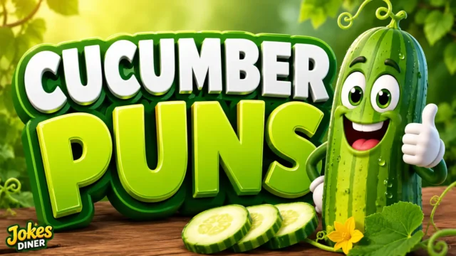 Glossy green garden thumbnail featuring a cheerful cucumber mascot and bold Cucumber Puns typography.