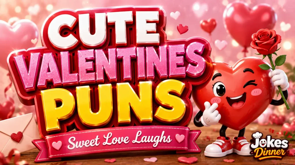 A vibrant featured image for Jokes Dinner featuring large 3D text "CUTE VALENTINES PUNS" and a smiling cupid mascot.
