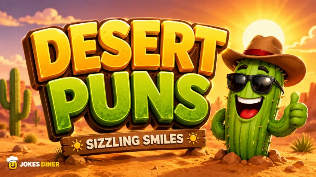 Vibrant 3D thumbnail for desert puns with bold lettering and a cheerful cactus mascot.