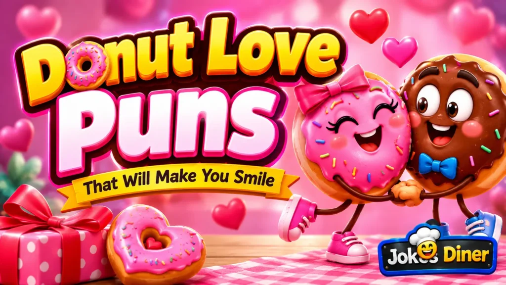 Donut love puns thumbnail with glossy 3D donuts, hearts, and Jokes Diner watermark.