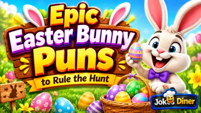 Easter bunny Puns thumbnail with 3D typography, cheerful bunny, colorful eggs, and Jokes Diner watermark.
