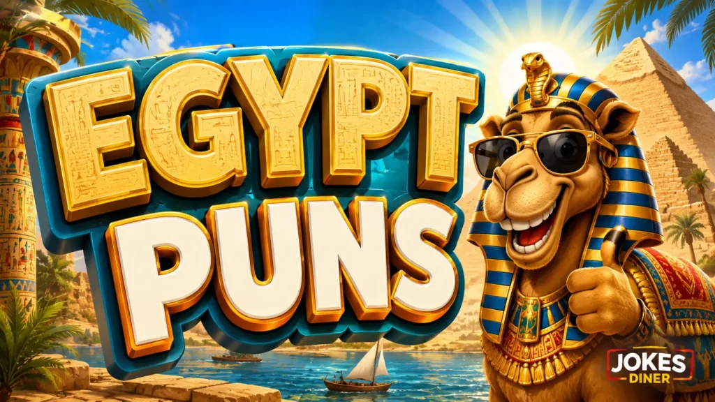 Bold Egypt Puns typography with a cheerful camel pharaoh mascot and Egyptian pyramids