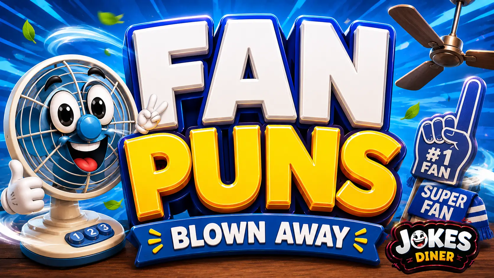 A vibrant featured image for Jokes Diner featuring large 3D text "fan puns" and a smiling electric fan mascot.