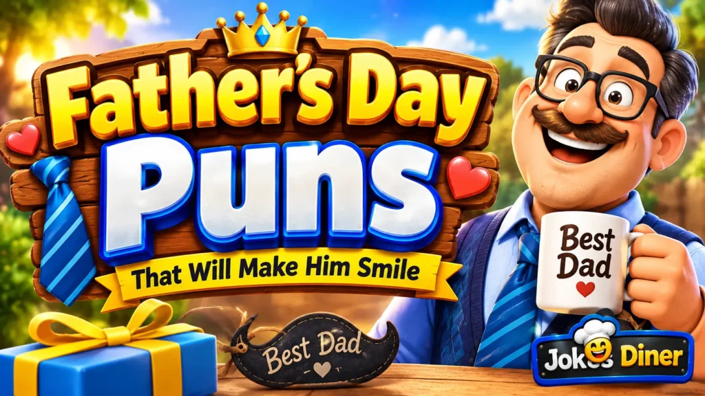 Father's Day puns thumbnail with bold 3D text, cheerful dad, gift, tie, and Jokes Diner watermark.