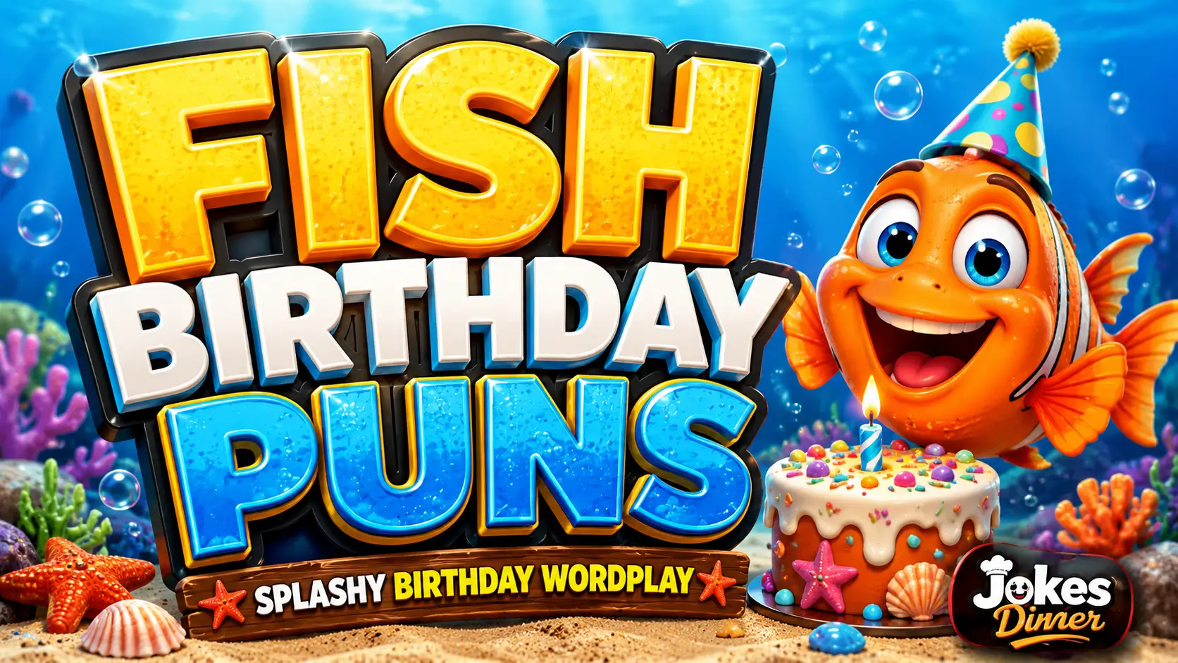 A vibrant featured image for Jokes Diner featuring large 3D text "fish birthday puns" and a smiling fish mascot.