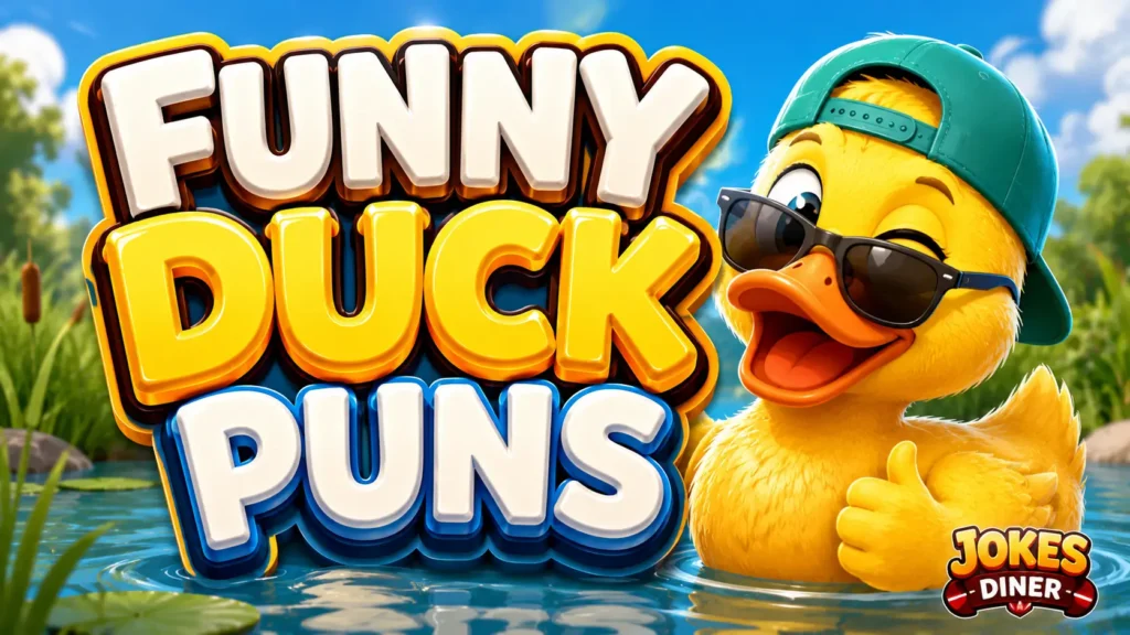 Funny Duck Puns thumbnail with a cheerful duck in sunglasses at a sunny pond