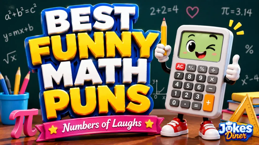 vibrant featured image for Jokes Diner featuring large 3D text "FUNNY MATH PUNS" and a smiling protractor mascot.