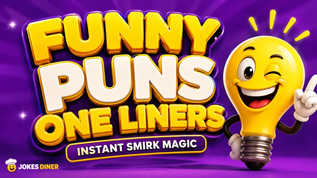 Colorful 3D thumbnail featuring funny puns one liners with a playful winking lightbulb mascot.