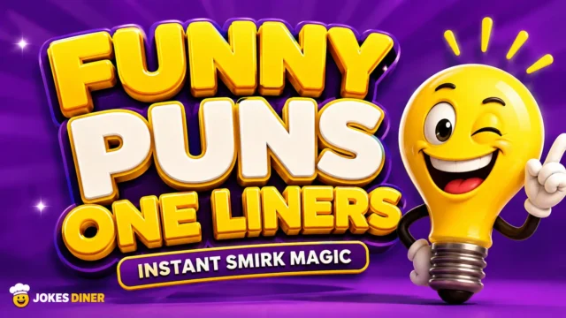Colorful 3D thumbnail featuring funny puns one liners with a playful winking lightbulb mascot.