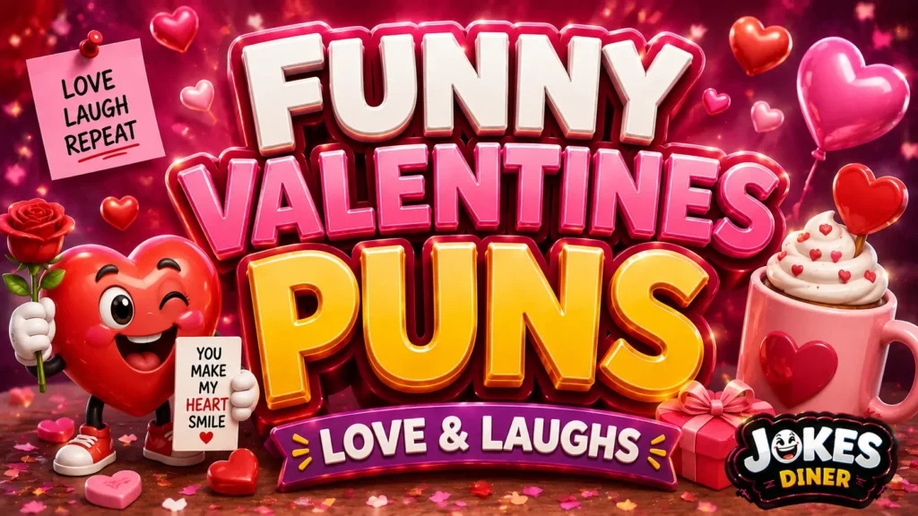 A vibrant featured image for Jokes Diner featuring large 3D text for funny valentines puns and a smiling heart mascot.