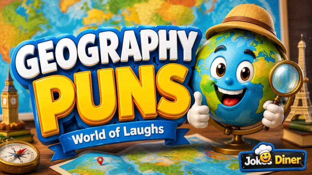 Colorful 3D globe mascot with bold geography puns typography and world map background