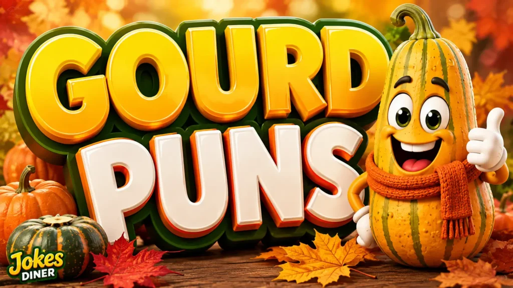 Bright autumn thumbnail with a cheerful gourd mascot and bold glossy Gourd Puns typography.