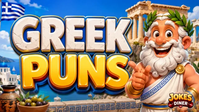 Greek Puns thumbnail with a cheerful Greek god, temple ruins, and Mediterranean scenery