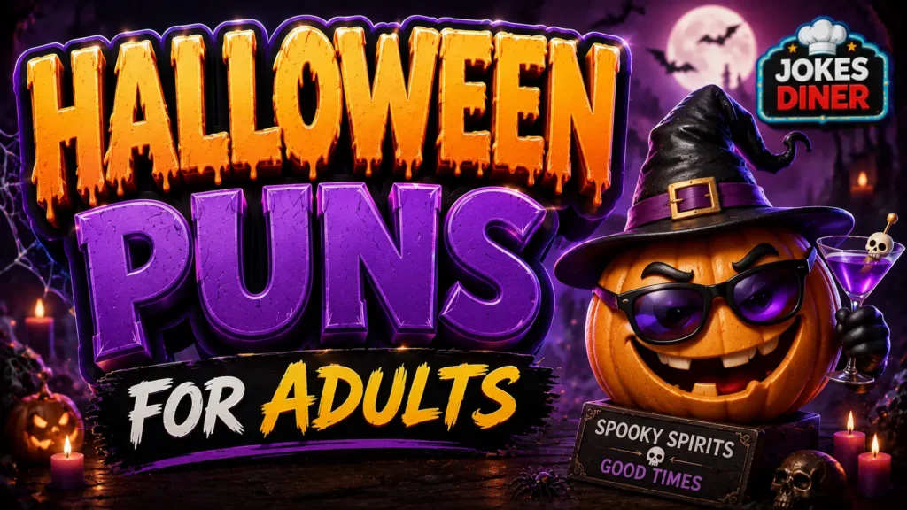 A vibrant featured image for Jokes Diner featuring 3D text and a smiling witch mascot for Halloween puns for adults.