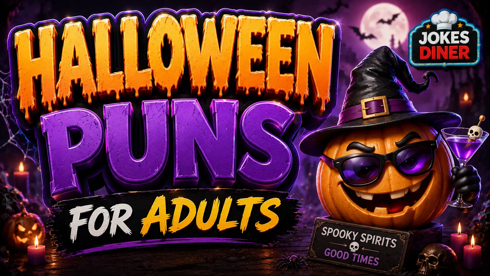 A vibrant featured image for Jokes Diner featuring 3D text and a smiling witch mascot for Halloween puns for adults.