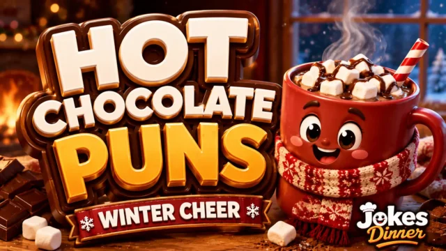 A vibrant featured image for Jokes Diner featuring large 3D text "hot chocolate puns" and a smiling cocoa mug mascot.