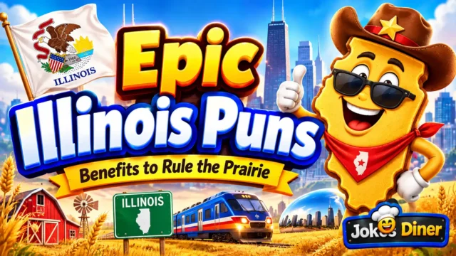 Illinois Puns thumbnail with 3D text, prairie scenery, Chicago skyline, and Jokes Diner watermark.