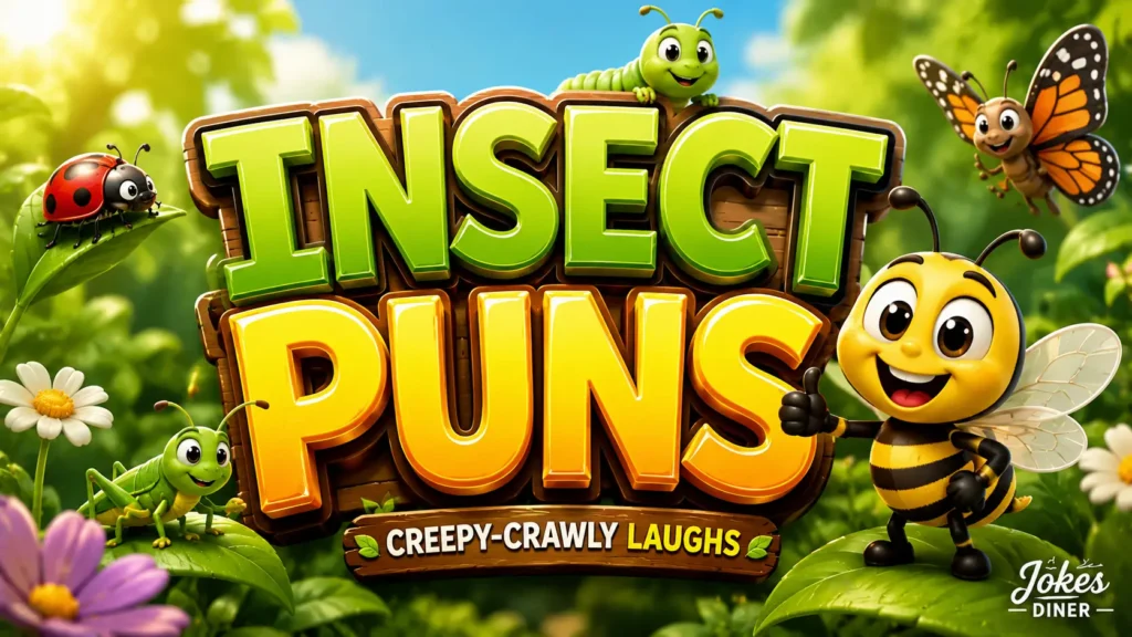 Bright garden thumbnail featuring bold Insect puns text and a cheerful bee mascot.