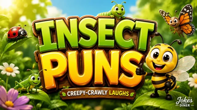 Bright garden thumbnail featuring bold Insect puns text and a cheerful bee mascot.