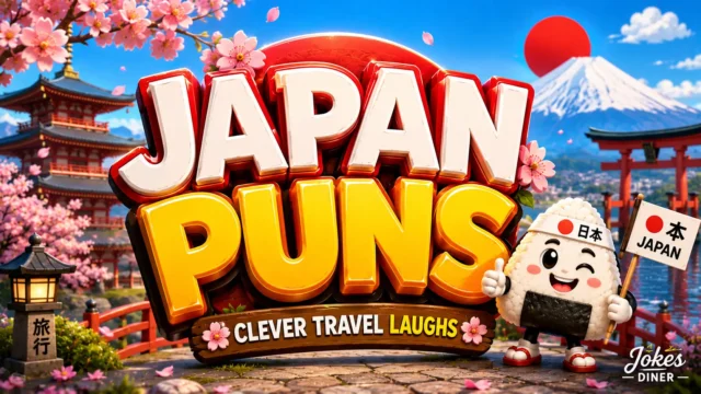 Vibrant Japan puns thumbnail with bold 3D typography and a cheerful travel-themed mascot.