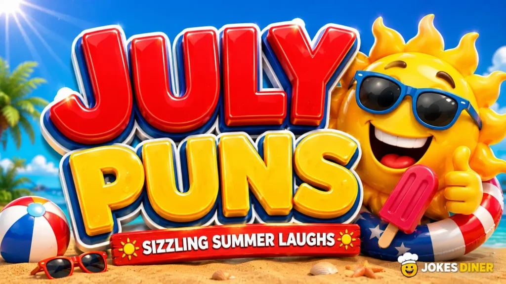Colorful summer thumbnail for july puns with bold 3D lettering and a cheerful sun mascot.