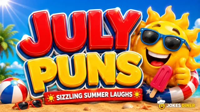 Colorful summer thumbnail for july puns with bold 3D lettering and a cheerful sun mascot.