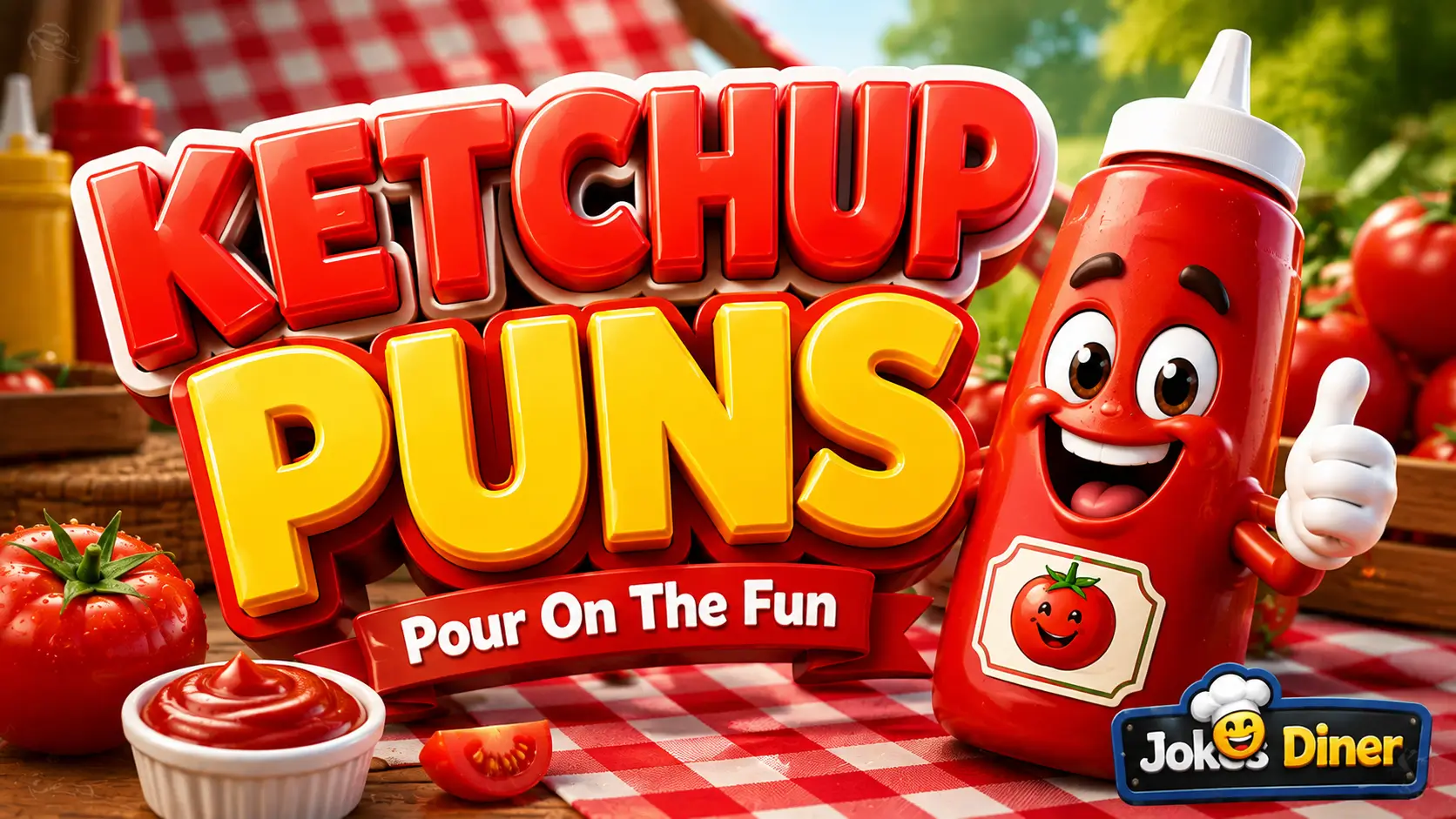 Cheerful ketchup mascot with bold ketchup puns typography and tomato-themed picnic background