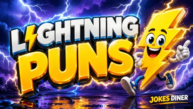 Bright lightning mascot beside bold Lightning Puns typography with an electrifying storm theme.