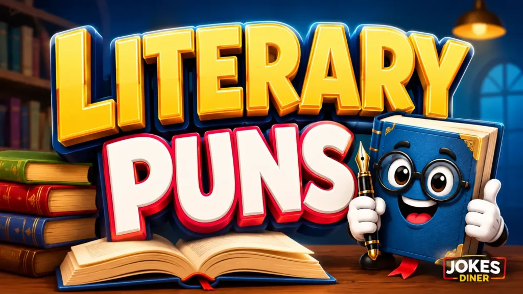 Bold Literary Puns typography with a cheerful book mascot, glasses, and fountain pen